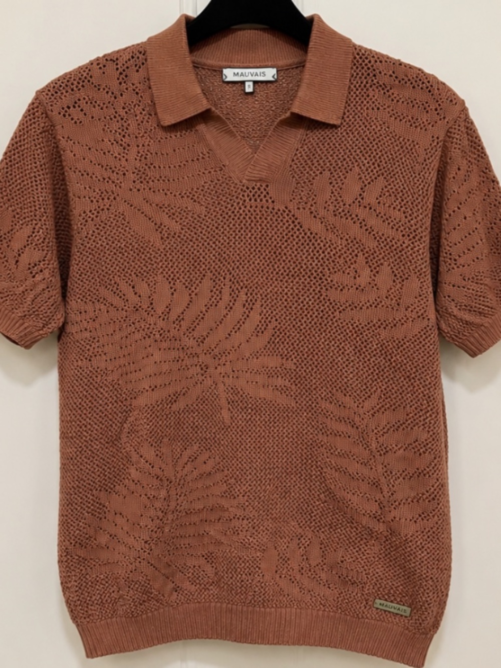 Mauvais Men’s Brown Open Knit Polo Shirt Leaf Pattern Short Sleeve Size L